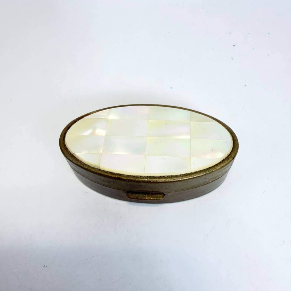 Vintage Max Factor Mother of Pearl Compact Case Brass Oval Mirror England Patent